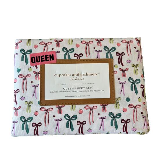 Cupcakes & Cashmere Queen FA LA LA LA Bows Christmas Bow Sheet Set NEW - Picture 1 of 1